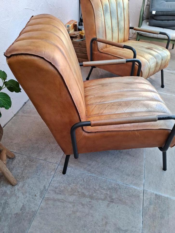 3 Cognac Leren Fauteuils - Vintage Look, Huis en Inrichting, Fauteuils, Ophalen