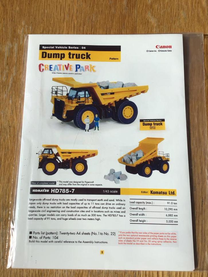 Komatsu HD785-7 Dump Truck - Papieren Model, Hobby en Vrije tijd, Modelbouw | Auto's en Voertuigen, Nieuw, Auto, 1:32 tot 1:50