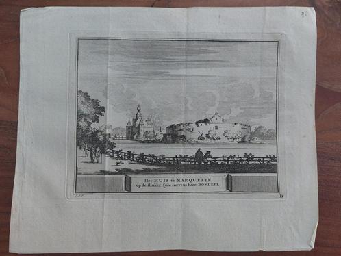 38 / Huis te Marquette bij Heemskerk Orig. gravure uit 1736, Antiek en Kunst, Kunst | Etsen en Gravures, Ophalen of Verzenden