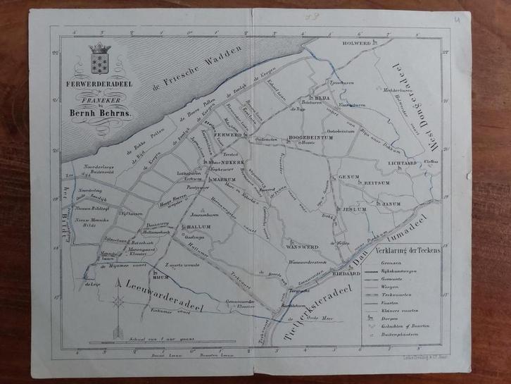 13 / Gemeente Ferwerderadeel Friesland Litho 1861 van Behrns, Antiek en Kunst, Kunst | Litho's en Zeefdrukken, Ophalen of Verzenden