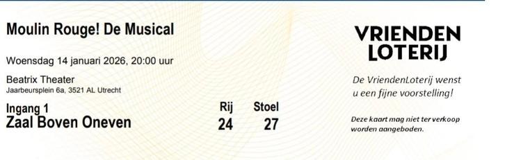 Moulin Rouge! De Musical – 2 Tickets (14 januari - rij 24), Tickets en Kaartjes, Theater | Musical, Twee personen, Januari