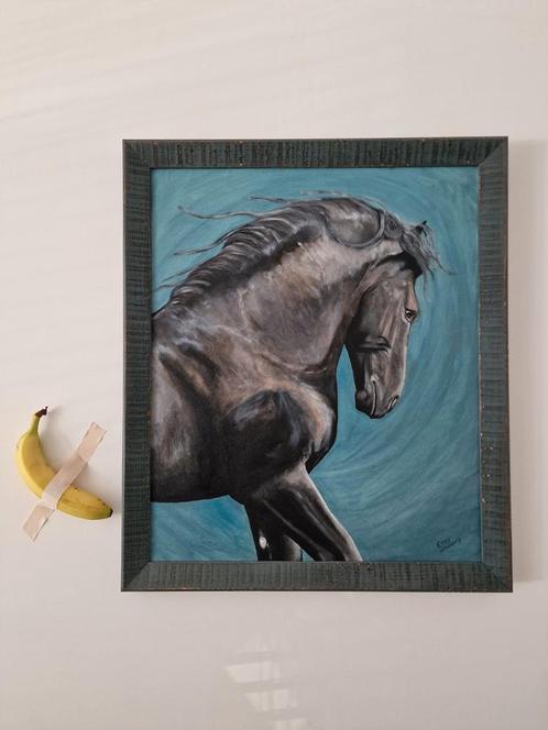 Friese hengst met banaan, Huis en Inrichting, Woonaccessoires | Schilderijen, Tekeningen en Foto's, Zo goed als nieuw, Schilderij