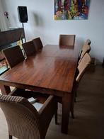 Massief houten tafel met 8 stoelen (mooi maar ook gebruikt)., Ophalen, Gebruikt, 6 tot 8 stoelen