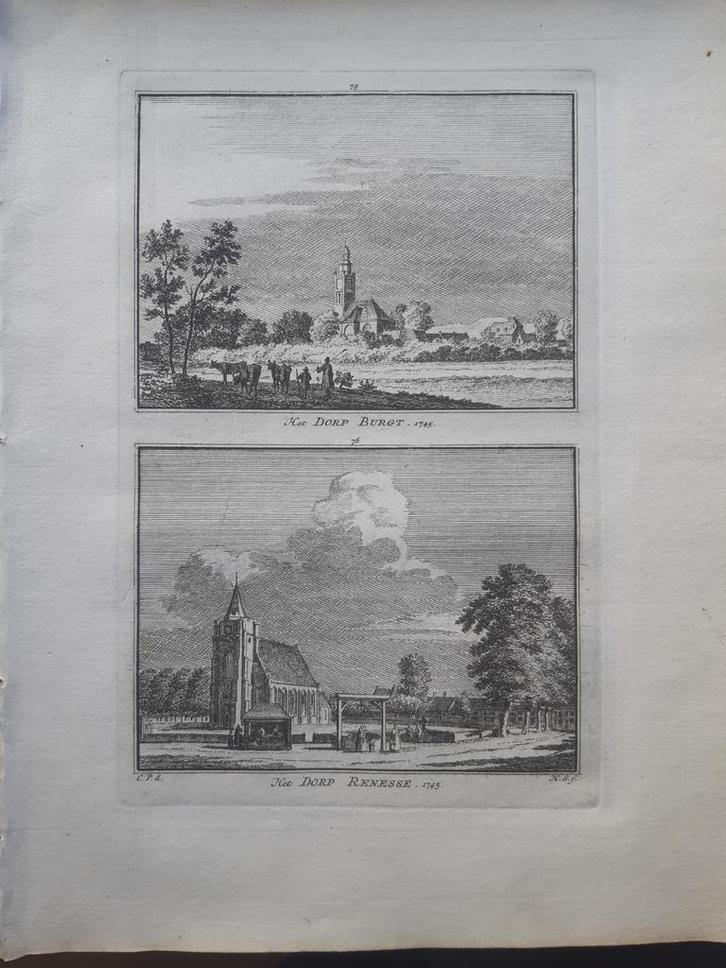 Dorp Burgt en Renesse  te Zeeland gravure uit 1754, Antiek en Kunst, Kunst | Etsen en Gravures, Ophalen of Verzenden