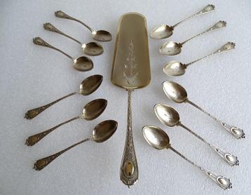 Zilver antiek set taartschep + 12 lepels/dessert lepeltjes beschikbaar voor biedingen