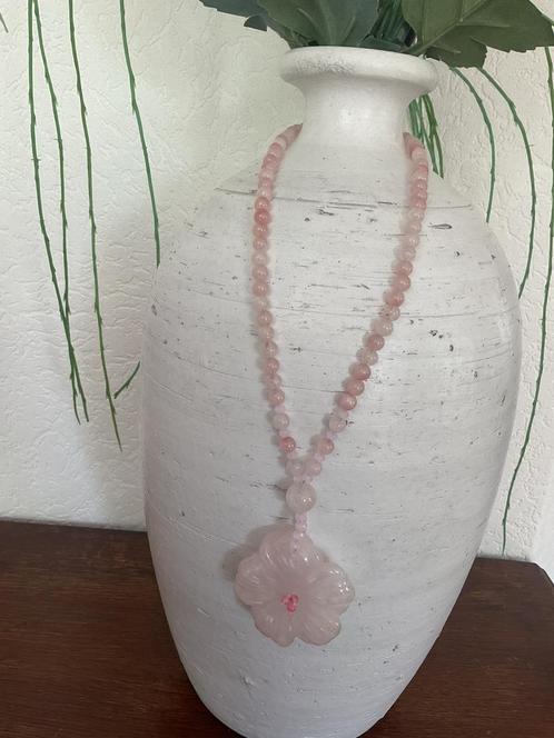 Ketting met rozenquarts kralen en hanger, Sieraden, Tassen en Uiterlijk, Kettingen, Nieuw, Steen of Mineraal, Roze, Met edelsteen