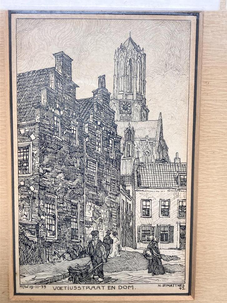 Utrecht Voetiusstraat en Dom, tekening N.P. Matthes, 1942, Antiek en Kunst, Kunst | Tekeningen en Foto's, Verzenden
