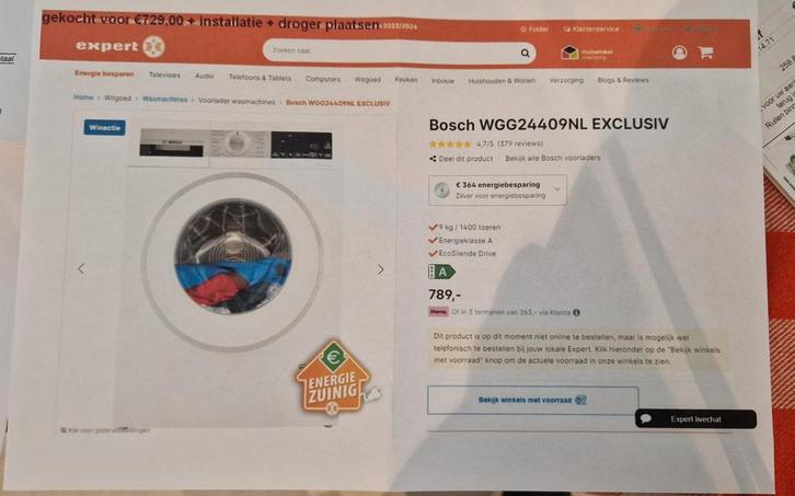 Bosch Wasmachine (1.5jr) - WGG24409NL - Puttershoek, Witgoed en Apparatuur, Wasmachines, Zo goed als nieuw, Voorlader, 8 tot 10 kg