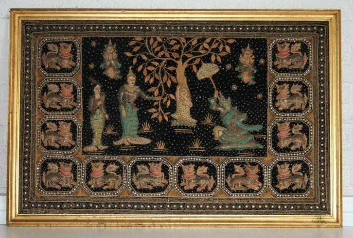 Groot klassiek Birmaans Kalaga borduurwerk, Antiek en Kunst, Antiek | Kleden en Textiel, Ophalen