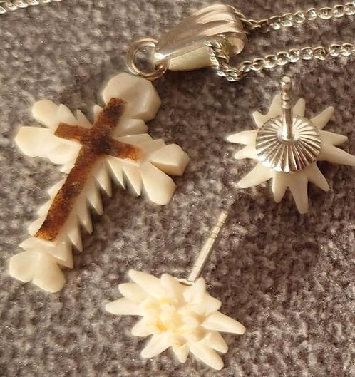 Trachten ketting + trachten oorbellen ( hirshorn unieke set), Sieraden, Tassen en Uiterlijk, Kettingen, Zo goed als nieuw, Overige materialen