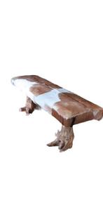 Bankje geitenleer vacht bruin en wit met boomstam onderstel, Minder dan 75 cm, Minder dan 150 cm, Ophalen, Leer