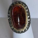 Vintage Italiaanse cocktailring met barnsteen/diamanten eu50, Verzenden, Goud, Ring, Met edelsteen