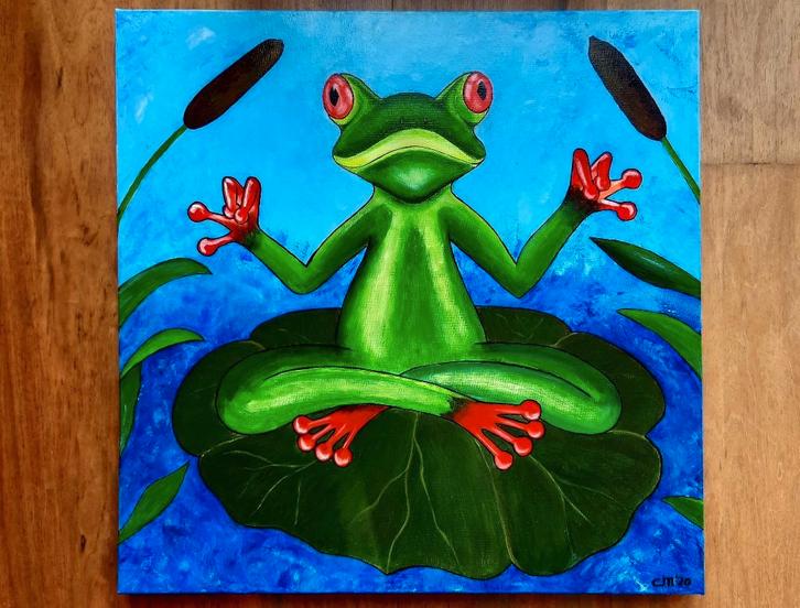 Schilderij Meditation Time / Yoga Kikker 50x50 cm., Huis en Inrichting, Woonaccessoires | Schilderijen, Tekeningen en Foto's, Nieuw