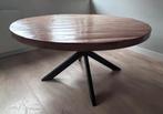 Ronde eettafel van mangohout met stalen matrixpoot - Ø150 cm, Huis en Inrichting, Ophalen, Zo goed als nieuw, Rond, 100 tot 150 cm