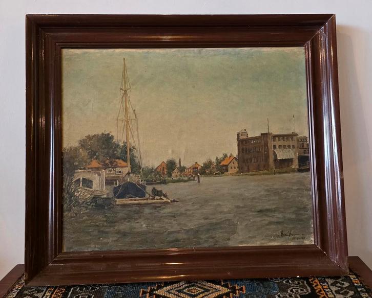 Schilderij haven uit 1955, Antiek en Kunst, Kunst | Schilderijen | Klassiek, Ophalen of Verzenden