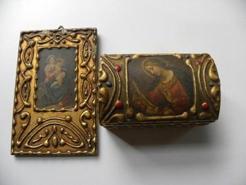 Vintage Gesso Icoon met kistje Madonna Jezus jaren `50 beschikbaar voor biedingen