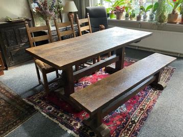 Kloostertafel, 3 stoelen en bank eiken. beschikbaar voor biedingen