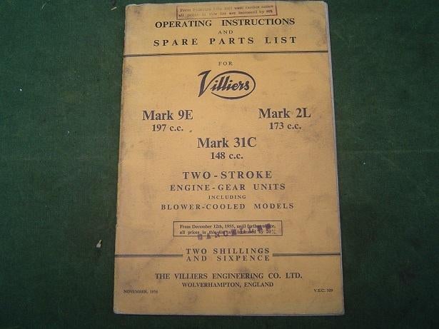 Villiers Mark 9E 2L 31C 1956 instruction / parts list MK31C, Motoren, Ophalen of Verzenden, Overige merken