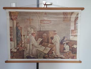 Oude historische schoolplaat middeleeuws klooster  beschikbaar voor biedingen