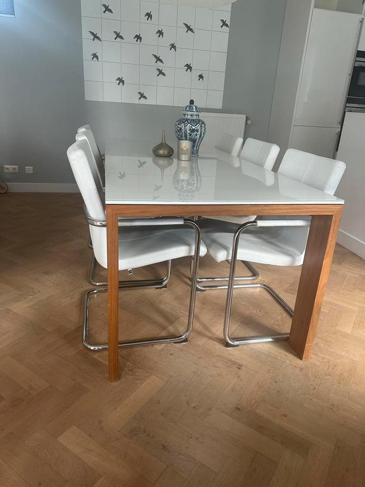 Hülsta designtafel - kersenfineer & wit Glas 200x90, Huis en Inrichting, Tafels | Eettafels, Gebruikt, 50 tot 100 cm, 150 tot 200 cm