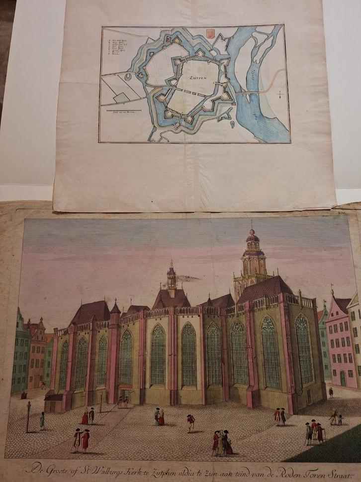 Antieke Gravure Stadskaart Zutphen & Walburgiskerk, Antiek en Kunst, Kunst | Etsen en Gravures, Ophalen of Verzenden