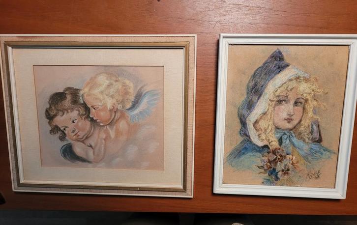 2x pastelkrijt tekening aquarel schilderijtje oud oude, Antiek en Kunst, Kunst | Schilderijen | Klassiek, Ophalen of Verzenden