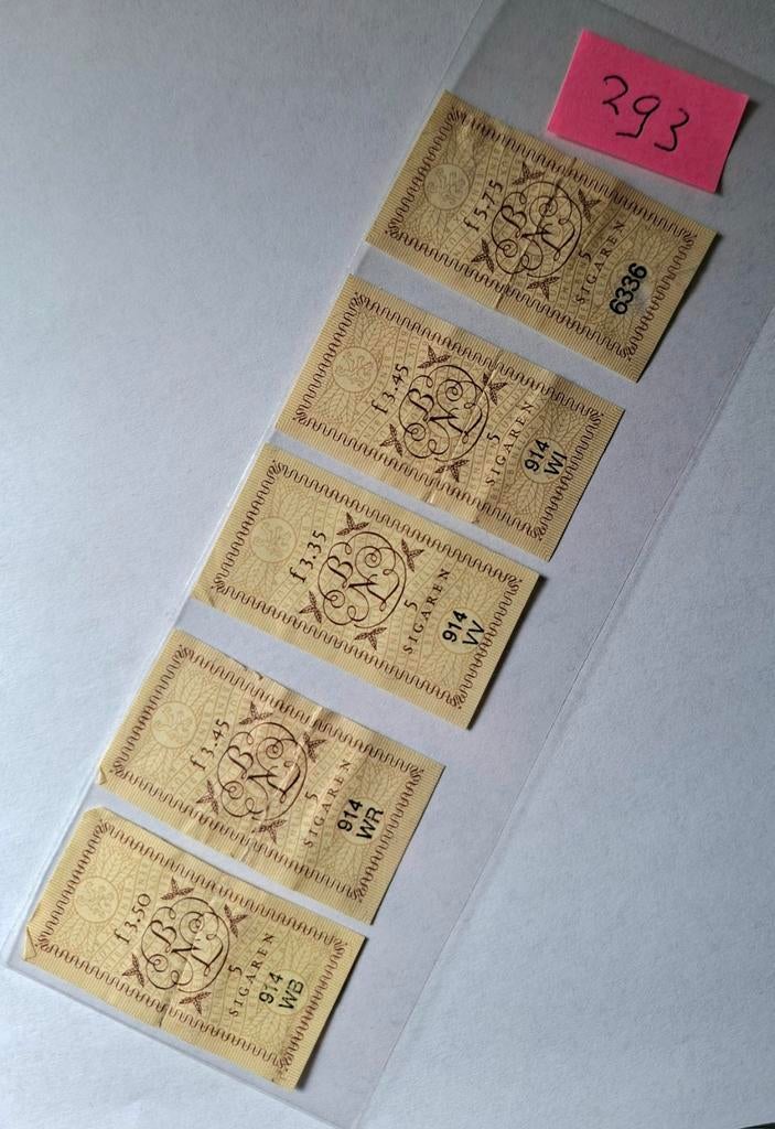 5 SIGAREN                            BRUIN OP GEEL  NR 293, Verzamelen, Ophalen of Verzenden, Gebruikt, Sigarenbandjes
