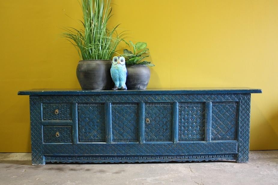 Uniek Dressoir Oosters Hout Donkerblauw Meubel Stoere Kast, Nieuw, Ophalen of Verzenden, 200 cm of meer, Minder dan 100 cm