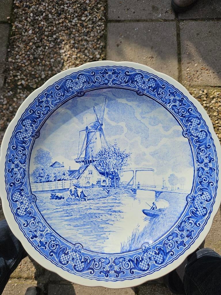 Delfts Blauw Wandbord met Molen en Hollands Landschap, Ophalen of Verzenden
