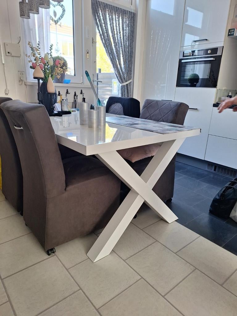 te koop 6 pp eethoek met 4 stoelen tafel glanzend wit, Ophalen, Gebruikt, 100 tot 150 cm, 150 tot 200 cm