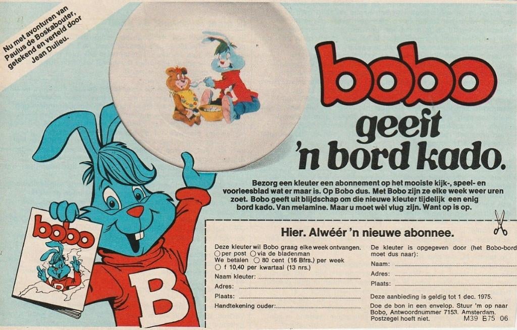 Retro reclame 1975 Bobo en krijg 'n bord cadeau, Verzenden, Overige typen
