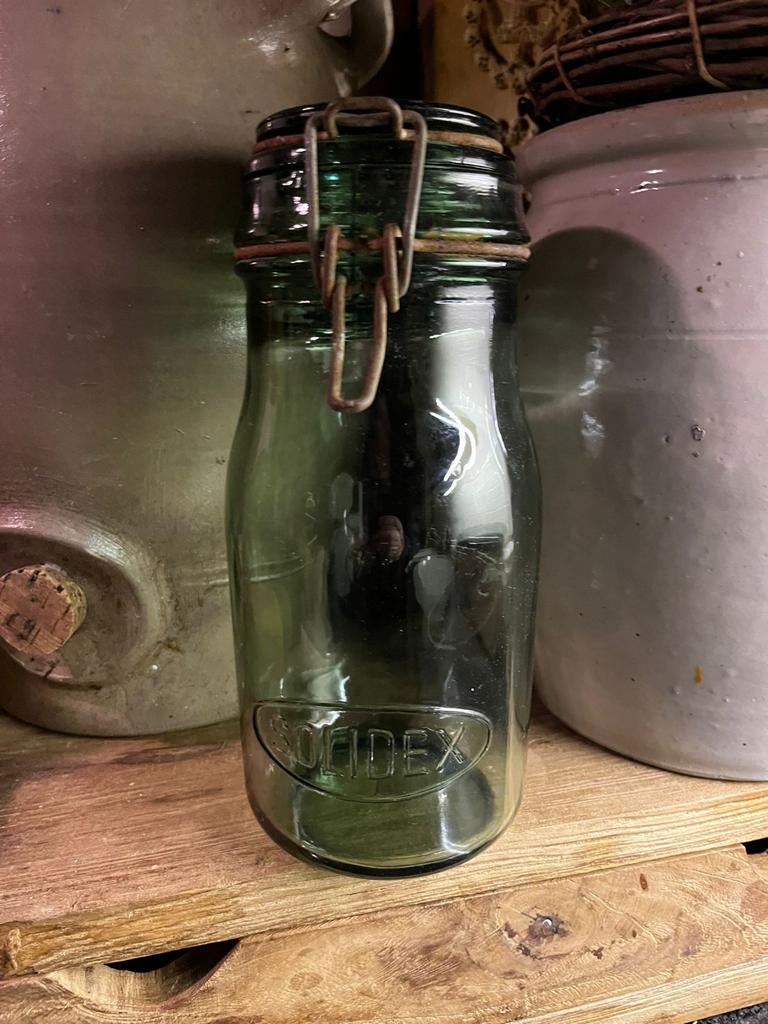 Oude Franse glazen weckpot Groen vintage,brocant, Gebruikt, Ophalen of Verzenden, X, X