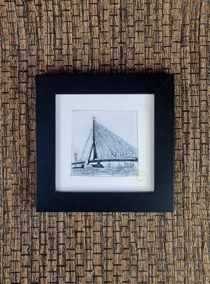 Ets Erasmusbrug Rotterdam 10x10 cm inclusief lijst, Huis en Inrichting, Woonaccessoires | Schilderijen, Tekeningen en Foto's, Nieuw