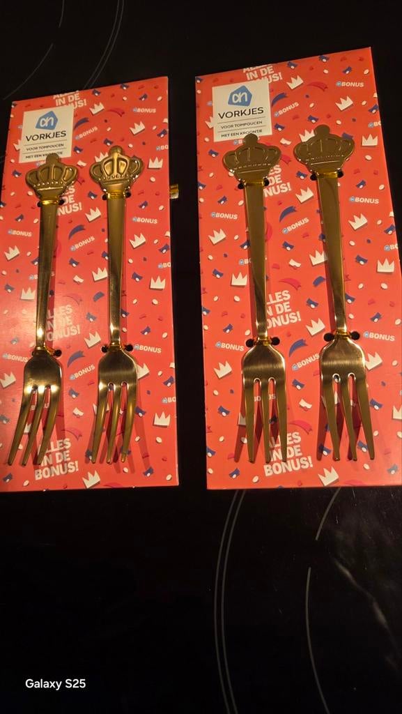Set van 4 goudkleurige gebaksvorkjes met kroontje, Ophalen of Verzenden