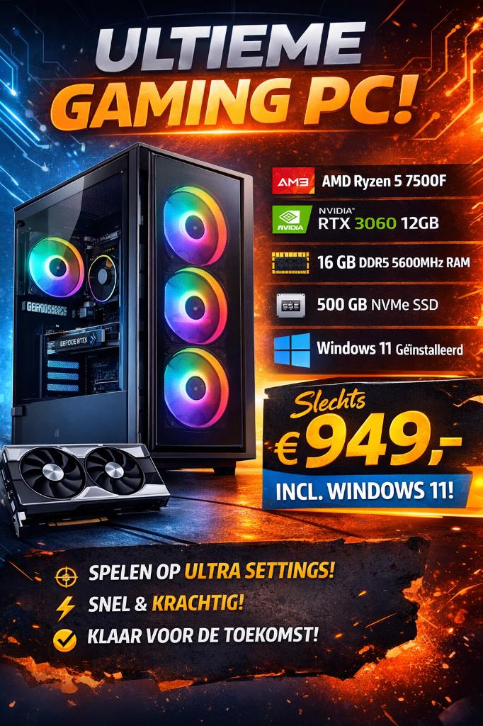 Gaming PC Ryzen 5 7500F + RTX 3060 + 16GB DDR5 | €949, Info@bnst.nl, Zelf gebouwde pc, Nieuw, Gaming