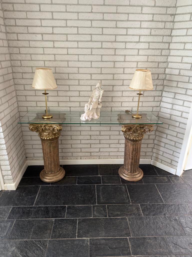 Glazen consoletafel met gouden zuilen, Ophalen, Gebruikt, 100 tot 150 cm, Glas
