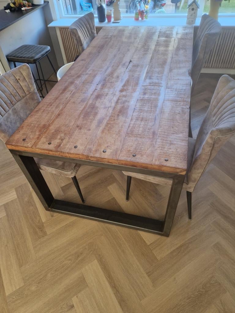 Houten eettafel 200x100cm zwart metalen poten industrieel, Huis en Inrichting, Tafels | Eettafels, Ophalen, 100 tot 150 cm, Zo goed als nieuw