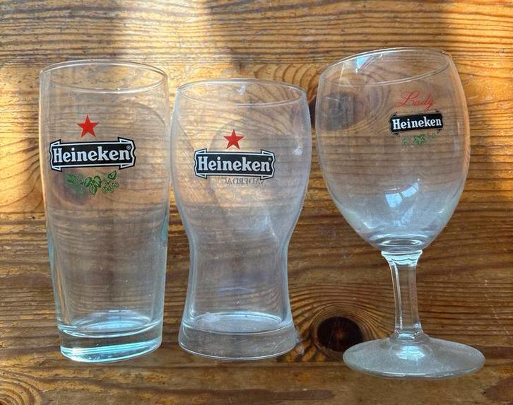 Drie Heineken glazen vaderdag, lady, Verzamelen, Ophalen of Verzenden, Gebruikt, Glas of Glazen, Heineken
