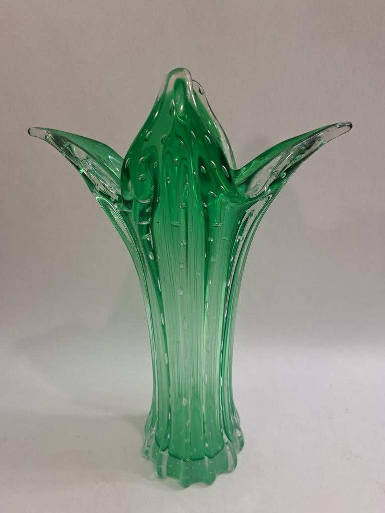 Vintage Murano Art Glass Vaas Groen met Bubbelpatroon, Ophalen of Verzenden