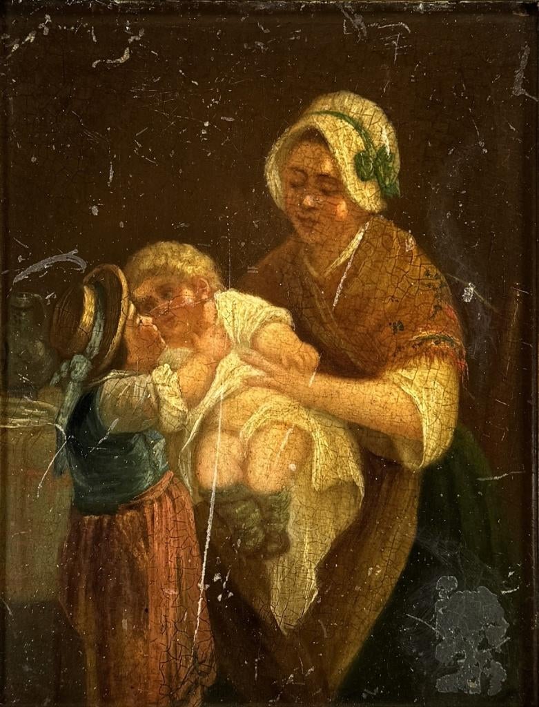 1153. Olieverfschilderij - genretafereel, 19e eeuw, Ophalen of Verzenden