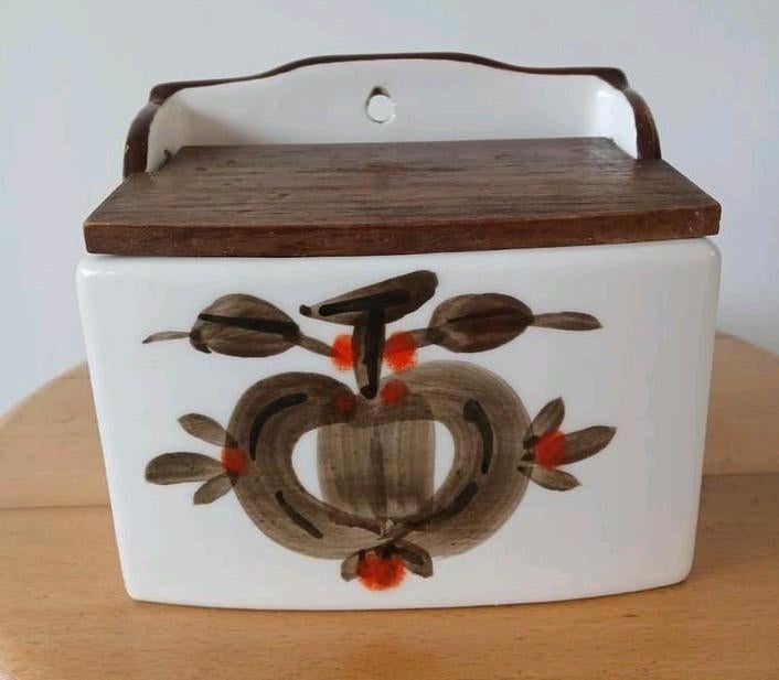 Vintage keramische zoutpot met houten deksel, Ophalen of Verzenden