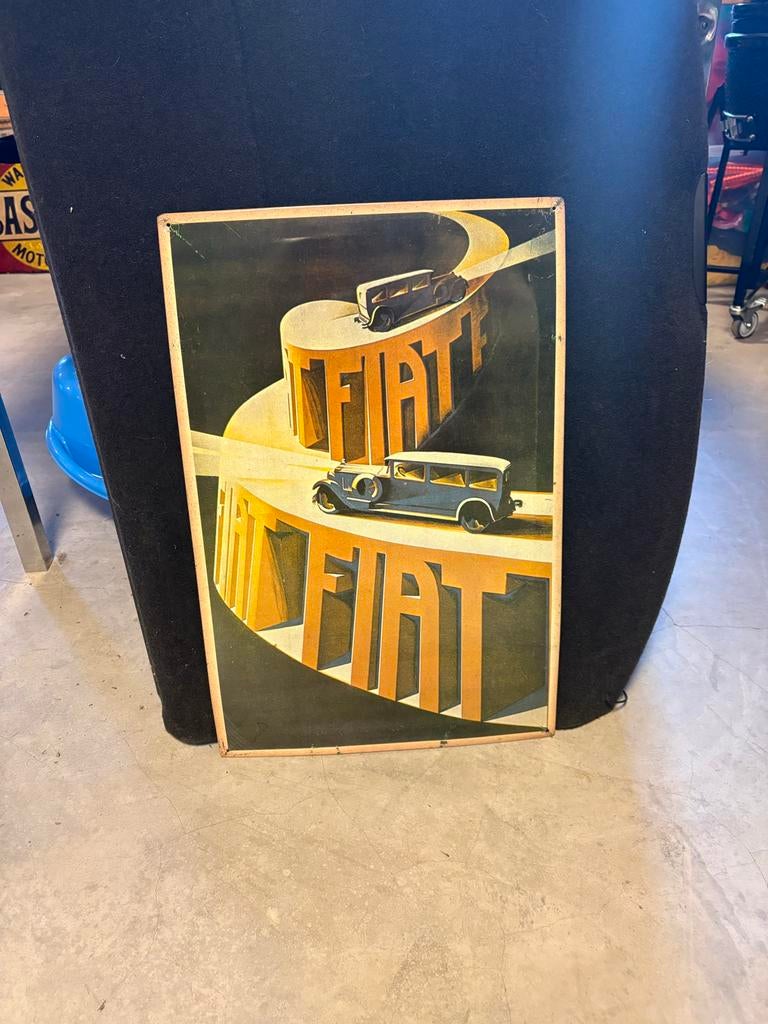Vintage Fiat Reclamebord - Klassieke Auto Kunst, Verzamelen, Ophalen, Gebruikt, Reclamebord