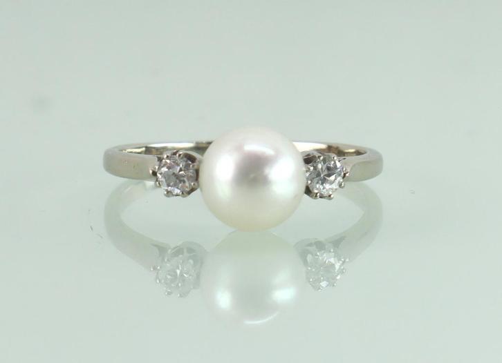 Art Deco witgouden ring parel diamant, Sieraden, Tassen en Uiterlijk, Antieke sieraden, Ring, Goud, Met edelsteen, Ophalen of Verzenden