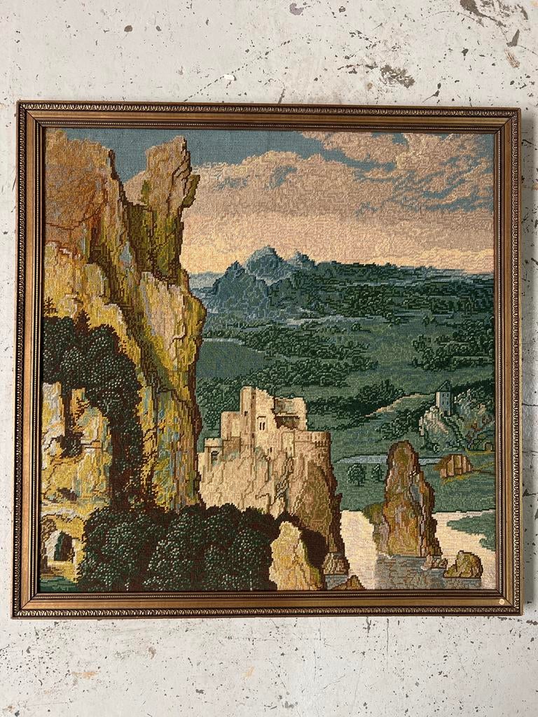 Origineel Geborduurd Schilderij - Ruïne landschap 84x84cm, Antiek en Kunst, Kunst | Schilderijen | Klassiek, Ophalen