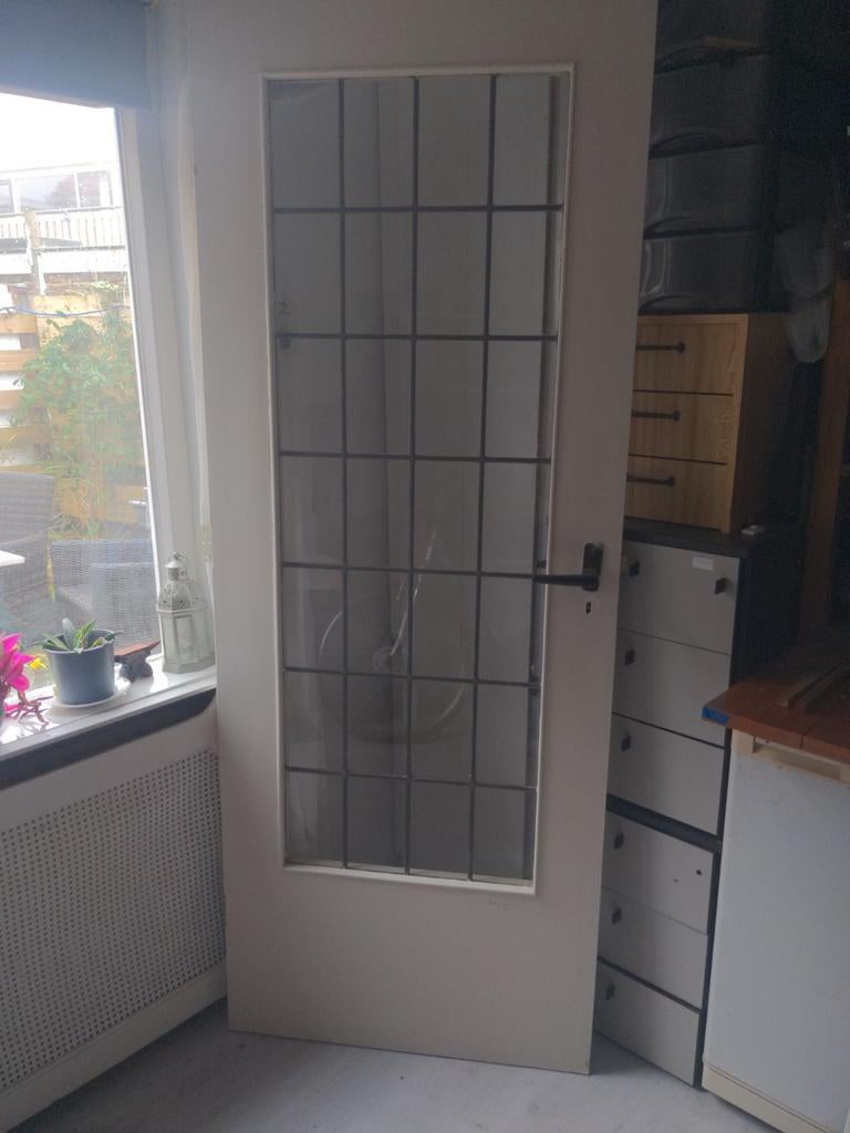 Oude glas in lood binnendeur, Doe-het-zelf en Verbouw, Deuren en Horren, Gebruikt, 80 tot 100 cm, Binnendeur, Ophalen of Verzenden