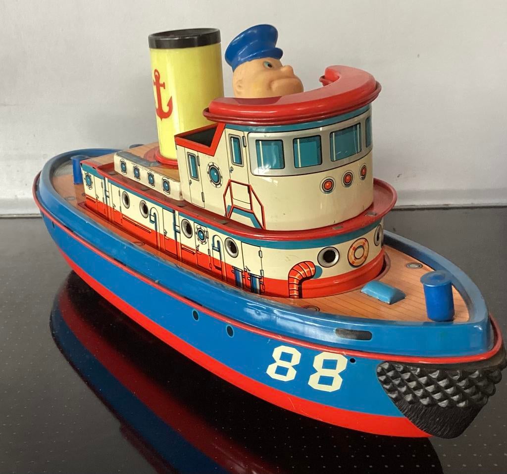 1960 Blikken Stoomboot 88, Battery toy,TM,Japan,schip,39cm, Antiek en Kunst, Antiek | Speelgoed, Ophalen