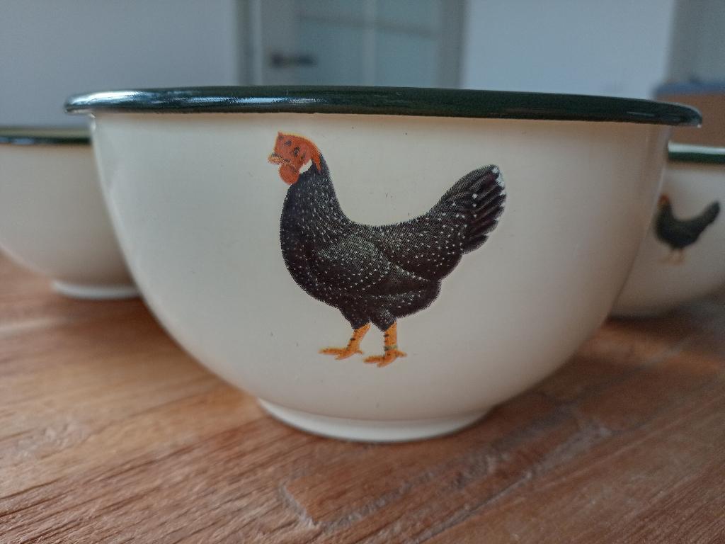 3 emaille schaaltjes creme met kip, Antiek en Kunst, Ophalen of Verzenden