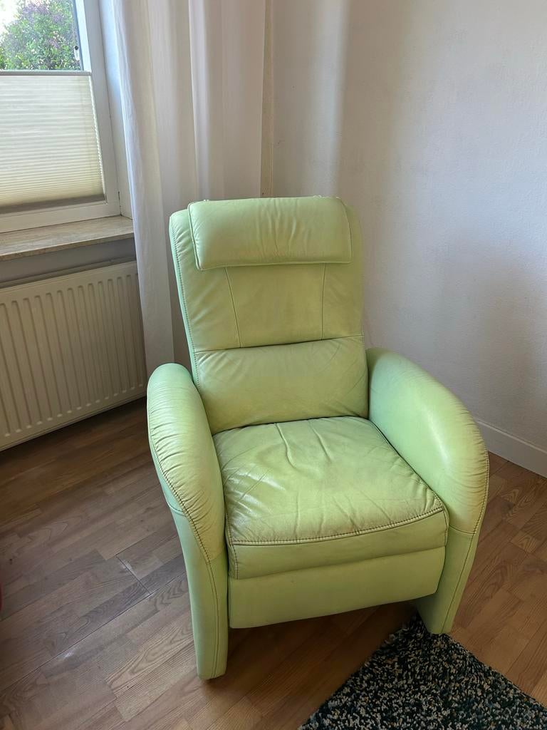 Comfortabele mintgroene leren relaxfauteuil, Huis en Inrichting, Stoelen, Ophalen, Gebruikt, Overige kleuren, Leer