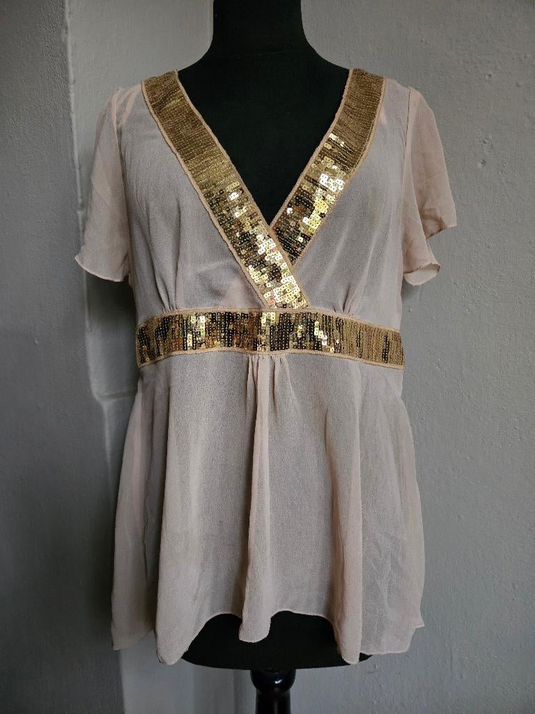 Mooie zachtroze top met goudkleurige pailletten mt. 38, Kleding | Dames, Tops, Maat 38/40 (M), H&M, Nieuw, Ophalen of Verzenden