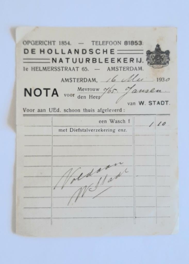 Oude NOTA van:DE HOLLANDSCHE NATUURBLEKERIJ, AMSTERDAM 1930, Verzamelen, Verzenden, Gebruikt